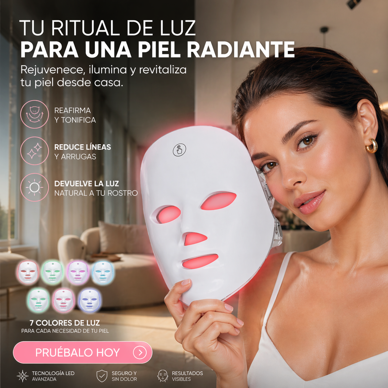 Máscara Facial LED con 7 colores de luz para complementar tu rutina de skincare.