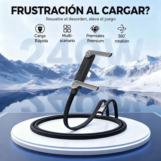 Cable de carga rápida de 240 W con soporte ajustable para teléfono.